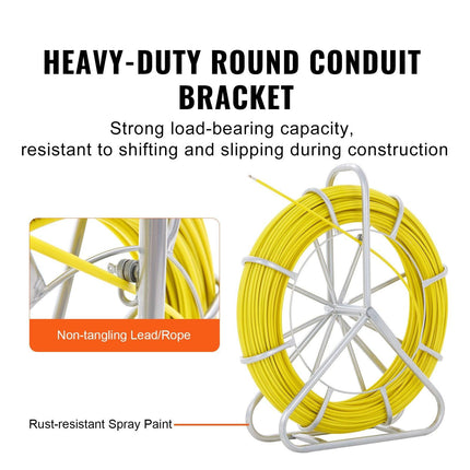 Fish Tape Fiberglass, 182.88 m, 7.9 mm, Duct Rodder Fishtape Wire Puller, Cable Running Rod with Steel Reel Stand, 3 Pulling Heads, Fishing Tools for Walls and Electrical Conduit, Non-Conductive.