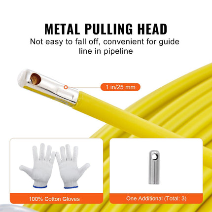 Fish Tape Fiberglass, 182.88 m, 7.9 mm, Duct Rodder Fishtape Wire Puller, Cable Running Rod with Steel Reel Stand, 3 Pulling Heads, Fishing Tools for Walls and Electrical Conduit, Non-Conductive.