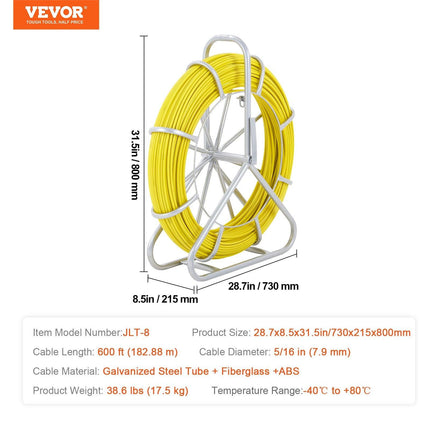 Fish Tape Fiberglass, 182.88 m, 7.9 mm, Duct Rodder Fishtape Wire Puller, Cable Running Rod with Steel Reel Stand, 3 Pulling Heads, Fishing Tools for Walls and Electrical Conduit, Non-Conductive.