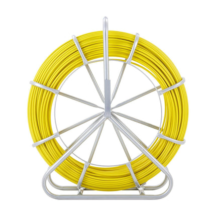 Fish Tape Fiberglass, 182.88 m, 7.9 mm, Duct Rodder Fishtape Wire Puller, Cable Running Rod with Steel Reel Stand, 3 Pulling Heads, Fishing Tools for Walls and Electrical Conduit, Non-Conductive.