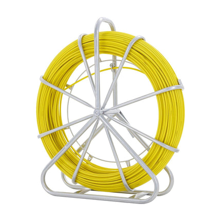 Fish Tape Fiberglass, 182.88 m, 7.9 mm, Duct Rodder Fishtape Wire Puller, Cable Running Rod with Steel Reel Stand, 3 Pulling Heads, Fishing Tools for Walls and Electrical Conduit, Non-Conductive.