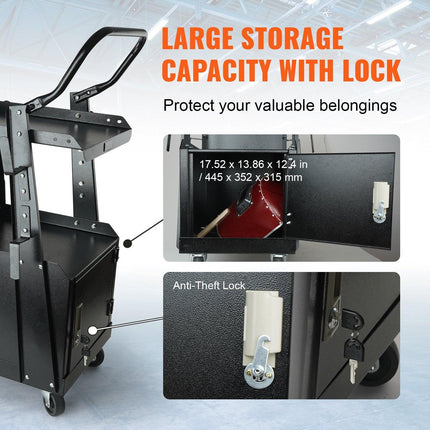 Welding Cart, 2-Tier Heavy Duty Welder Cart with Anti-Theft Lockable Cabinet, 265LBS Weight Capacity, 360° Swivel Wheels, Tank Storage Safety Chains, Welding Cabinet for TIG, ARC, Plasma Cutter.