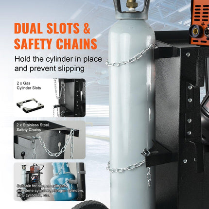 Welding Cart, 2-Tier Heavy Duty Welder Cart with Anti-Theft Lockable Cabinet, 265LBS Weight Capacity, 360° Swivel Wheels, Tank Storage Safety Chains, Welding Cabinet for TIG, ARC, Plasma Cutter.