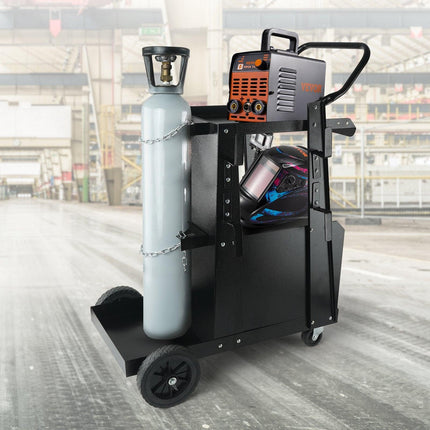Welding Cart, 2-Tier Heavy Duty Welder Cart with Anti-Theft Lockable Cabinet, 265LBS Weight Capacity, 360° Swivel Wheels, Tank Storage Safety Chains, Welding Cabinet for TIG, ARC, Plasma Cutter.