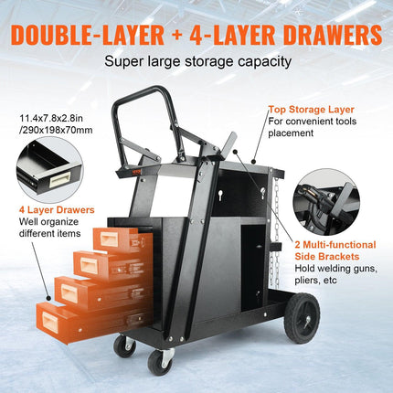 Welding Cart, 2-Tier 4 Drawers Welder Cart with 265 LBS Weight Capacity, Swivel Wheels, Tank Storage Safety Chains, Heavy Duty Rolling MIG Welder Cart for Mig Welder and Plasma Cutter.