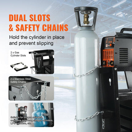 Welding Cart, 2-Tier 4 Drawers Welder Cart with 265 LBS Weight Capacity, Swivel Wheels, Tank Storage Safety Chains, Heavy Duty Rolling MIG Welder Cart for Mig Welder and Plasma Cutter.