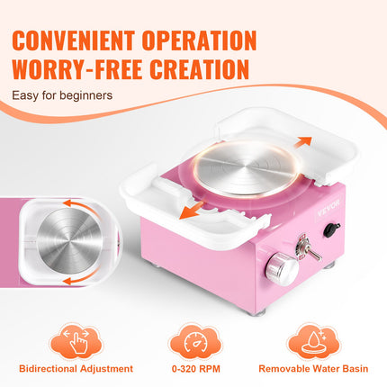 Mini Pottery Wheel Electric Ceramic Wheel Machine 0-320RPM Speed Pink.