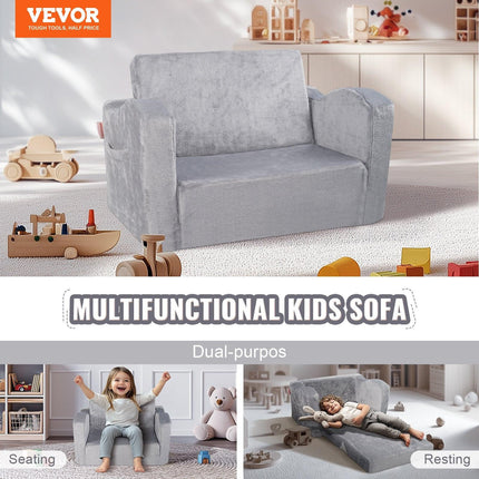Baby Chair Foldable 2-in-1 Comfy Baby Lounger Couch Kids Sofa Grey.