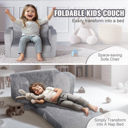 Baby Chair Foldable 2-in-1 Comfy Baby Lounger Couch Kids Sofa Grey.