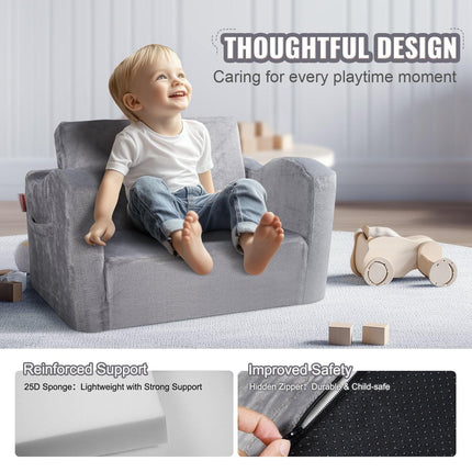 Baby Chair Foldable 2-in-1 Comfy Baby Lounger Couch Kids Sofa Grey.