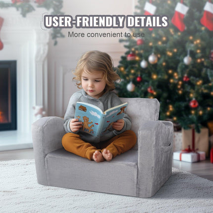 Baby Chair Foldable 2-in-1 Comfy Baby Lounger Couch Kids Sofa Grey.