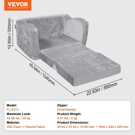 Baby Chair Foldable 2-in-1 Comfy Baby Lounger Couch Kids Sofa Grey.