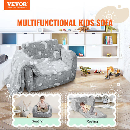 Fold-out Kids Sofa, Glow-in-the-Dark Kids Couch Chair, 2-in-1 Children Convertible Sofa to Lounger, Extra Soft Flip-out Toddler Couch for Siting and Sleeping, for Bedroom and Playroom.