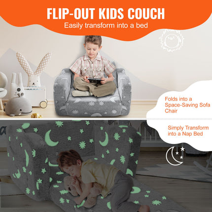 Fold-out Kids Sofa, Glow-in-the-Dark Kids Couch Chair, 2-in-1 Children Convertible Sofa to Lounger, Extra Soft Flip-out Toddler Couch for Siting and Sleeping, for Bedroom and Playroom.