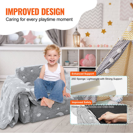 Fold-out Kids Sofa, Glow-in-the-Dark Kids Couch Chair, 2-in-1 Children Convertible Sofa to Lounger, Extra Soft Flip-out Toddler Couch for Siting and Sleeping, for Bedroom and Playroom.