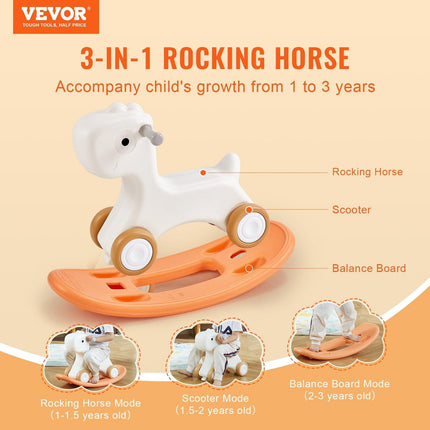 VEVOR 3 in 1 Rocking Horse for Toddlers 1-3 Years, Baby Rocking Horse with Detachable Balance Board and 4 Smooth Wheels, Support up to 80 lbs HDPE Material Kids Ride on Toy, Swinging, Orange.