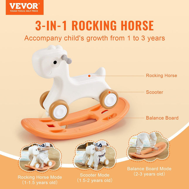 VEVOR 3 in 1 Rocking Horse for Toddlers 1-3 Years, Baby Rocking Horse with Detachable Balance Board and 4 Smooth Wheels, Support up to 80 lbs HDPE Material Kids Ride on Toy, Swinging, Orange.