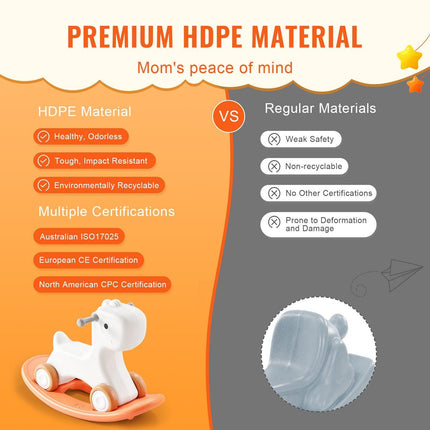 VEVOR 3 in 1 Rocking Horse for Toddlers 1-3 Years, Baby Rocking Horse with Detachable Balance Board and 4 Smooth Wheels, Support up to 80 lbs HDPE Material Kids Ride on Toy, Swinging, Orange.