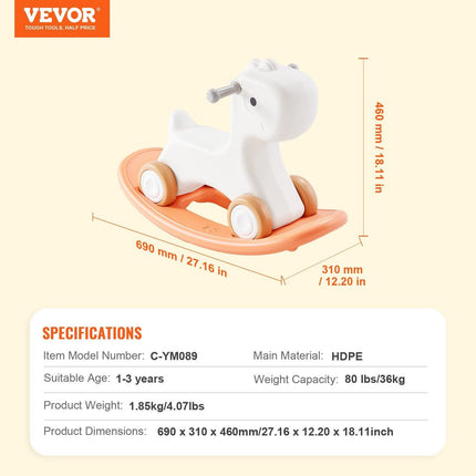VEVOR 3 in 1 Rocking Horse for Toddlers 1-3 Years, Baby Rocking Horse with Detachable Balance Board and 4 Smooth Wheels, Support up to 80 lbs HDPE Material Kids Ride on Toy, Swinging, Orange.