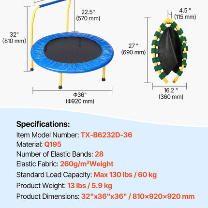 3FT Trampoline for Kids, 92 cm Trampolines Indoor/Outdoor Trampoline for Toddlers, Foldable Mini Baby Trampoline with Foam Handle, Recreational Trampoline Birthday Gift for 3+ Years Kids.