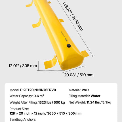 Flood Barrier Hydro Barrier 12' Length x 12" Height for Water Diversion.