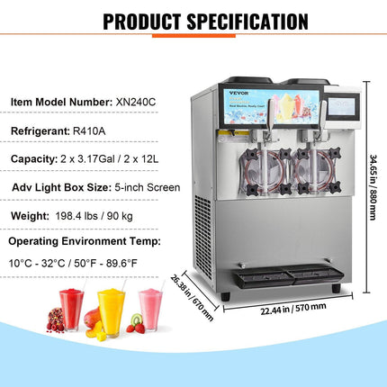 Commercial Slushy Machine, 2 x 12L / 3.17 Gal Double Tanks, Cool and Freeze Modes, Stainless Steel Margarita Smoothie Frozen Drink Maker, Slushie Machine for Party Cafes Restaurants Bars Home.