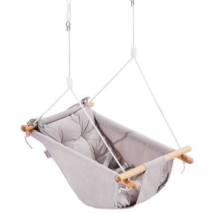 Canvas Hammock Swing, 3 Modes Baby Swing Indoor and Outdoor with 5-Point Harness, and Tree Straps, 150lbs Weight Capacity, Integrated Cushion, Wooden Hanging Swing Seat for Baby to Toddler.