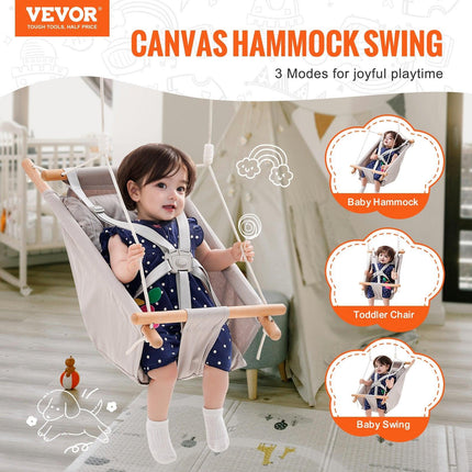 Canvas Hammock Swing, 3 Modes Baby Swing Indoor and Outdoor with 5-Point Harness, and Tree Straps, 150lbs Weight Capacity, Integrated Cushion, Wooden Hanging Swing Seat for Baby to Toddler.