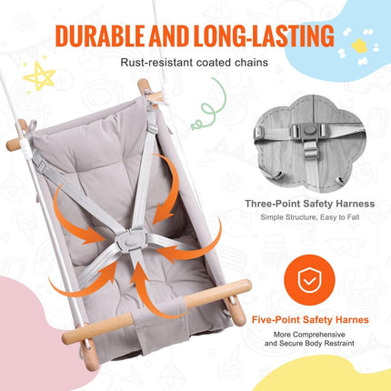 Canvas Hammock Swing, 3 Modes Baby Swing Indoor and Outdoor with 5-Point Harness, and Tree Straps, 150lbs Weight Capacity, Integrated Cushion, Wooden Hanging Swing Seat for Baby to Toddler.
