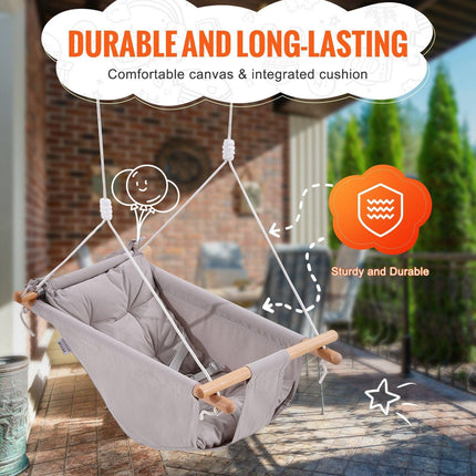 Canvas Hammock Swing, 3 Modes Baby Swing Indoor and Outdoor with 5-Point Harness, and Tree Straps, 150lbs Weight Capacity, Integrated Cushion, Wooden Hanging Swing Seat for Baby to Toddler.