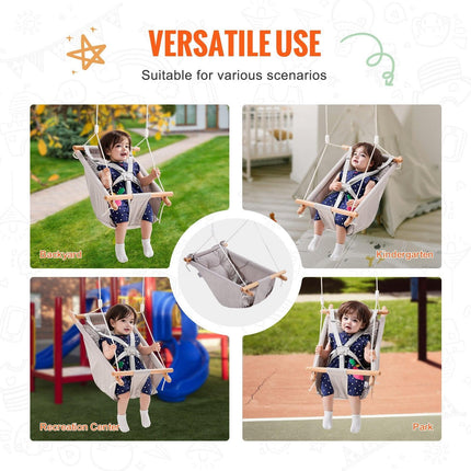 Canvas Hammock Swing, 3 Modes Baby Swing Indoor and Outdoor with 5-Point Harness, and Tree Straps, 150lbs Weight Capacity, Integrated Cushion, Wooden Hanging Swing Seat for Baby to Toddler.