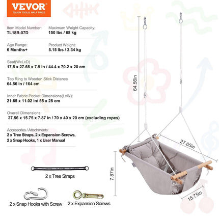 Canvas Hammock Swing, 3 Modes Baby Swing Indoor and Outdoor with 5-Point Harness, and Tree Straps, 150lbs Weight Capacity, Integrated Cushion, Wooden Hanging Swing Seat for Baby to Toddler.