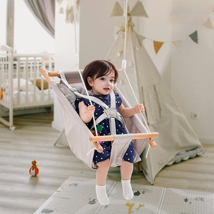 Canvas Hammock Swing, 3 Modes Baby Swing Indoor and Outdoor with 5-Point Harness, and Tree Straps, 150lbs Weight Capacity, Integrated Cushion, Wooden Hanging Swing Seat for Baby to Toddler.