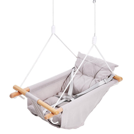 Canvas Hammock Swing, 3 Modes Baby Swing Indoor and Outdoor with 5-Point Harness, and Tree Straps, 150lbs Weight Capacity, Integrated Cushion, Wooden Hanging Swing Seat for Baby to Toddler.