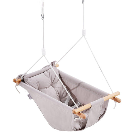 Canvas Hammock Swing, 3 Modes Baby Swing Indoor and Outdoor with 5-Point Harness, and Tree Straps, 150lbs Weight Capacity, Integrated Cushion, Wooden Hanging Swing Seat for Baby to Toddler.