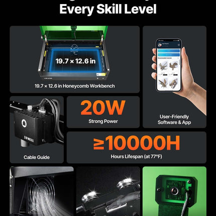 Laser Engraver, 20W, Laser Engraving and Cutting Machine with Enclosure Camera, Laser Cutter, 36000 mm/min, 500 x 320 mm Working Area, for Wood, Leather, Glass, Paper, Certain Metal, Class 1.