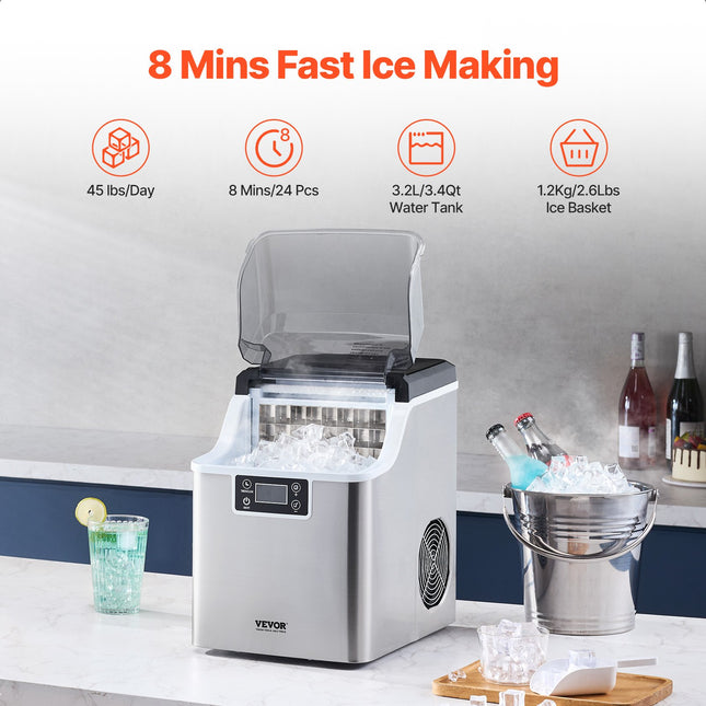 Portable Countertop Ice Maker 45Lbs/24H Self-Cleaning with Scoop Basket.