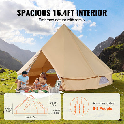 Canvas Bell Tent 5m/16.4ft 4-Season Camping Yurt Tent with Stove Jack.