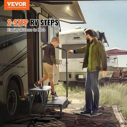 RV Steps, 2-Step RV Stairs, 199.58KGS Load Capacity, Thickened Carbon Steel, With Handrail, Non-Slip Steps for Safe Entry and Exit, Suit for RV, Trailer, Camper Steps.