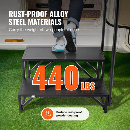 RV Steps, 2-Step RV Stairs, 199.58KGS Load Capacity, Thickened Carbon Steel, With Handrail, Non-Slip Steps for Safe Entry and Exit, Suit for RV, Trailer, Camper Steps.