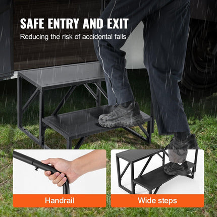 RV Steps, 2-Step RV Stairs, 199.58KGS Load Capacity, Thickened Carbon Steel, With Handrail, Non-Slip Steps for Safe Entry and Exit, Suit for RV, Trailer, Camper Steps.