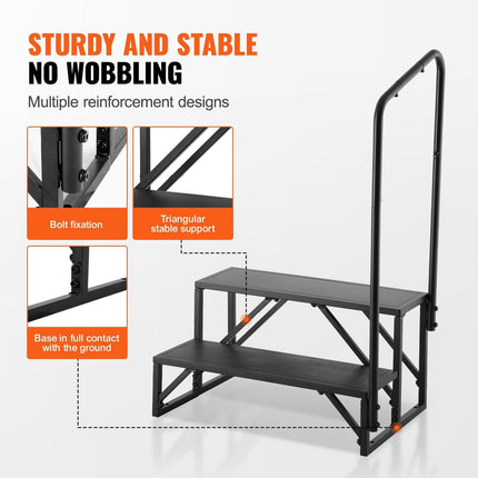 RV Steps, 2-Step RV Stairs, 199.58KGS Load Capacity, Thickened Carbon Steel, With Handrail, Non-Slip Steps for Safe Entry and Exit, Suit for RV, Trailer, Camper Steps.
