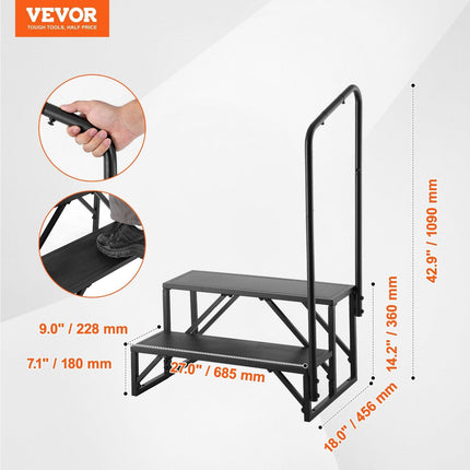 RV Steps, 2-Step RV Stairs, 199.58KGS Load Capacity, Thickened Carbon Steel, With Handrail, Non-Slip Steps for Safe Entry and Exit, Suit for RV, Trailer, Camper Steps.
