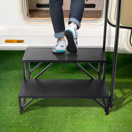RV Steps, 2-Step RV Stairs, 199.58KGS Load Capacity, Thickened Carbon Steel, With Handrail, Non-Slip Steps for Safe Entry and Exit, Suit for RV, Trailer, Camper Steps.
