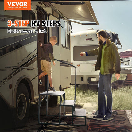 RV Steps, 3-Step RV Stairs, 199.58KGS Load Capacity, Thickened Carbon Steel, With Handrail, Non-Slip Steps for Safe Entry and Exit, Suit for RV, Trailer, Camper Steps.