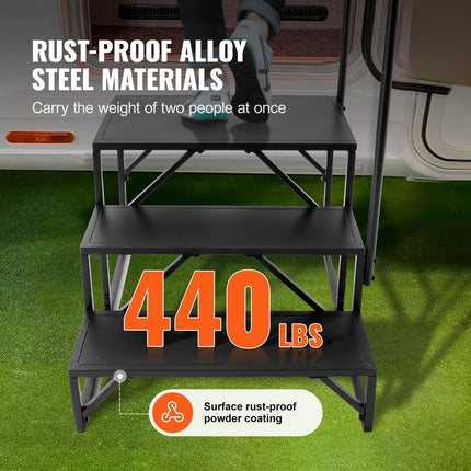 RV Steps, 3-Step RV Stairs, 199.58KGS Load Capacity, Thickened Carbon Steel, With Handrail, Non-Slip Steps for Safe Entry and Exit, Suit for RV, Trailer, Camper Steps.