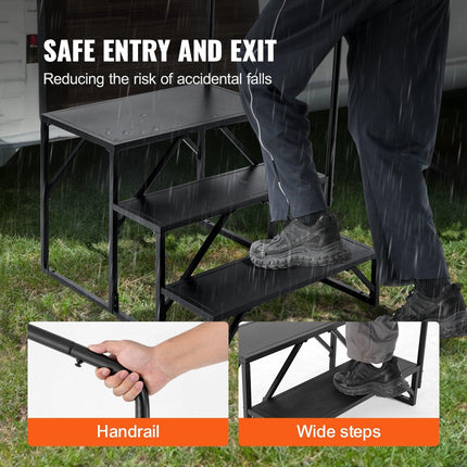 RV Steps, 3-Step RV Stairs, 199.58KGS Load Capacity, Thickened Carbon Steel, With Handrail, Non-Slip Steps for Safe Entry and Exit, Suit for RV, Trailer, Camper Steps.