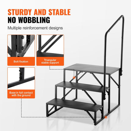 RV Steps, 3-Step RV Stairs, 199.58KGS Load Capacity, Thickened Carbon Steel, With Handrail, Non-Slip Steps for Safe Entry and Exit, Suit for RV, Trailer, Camper Steps.