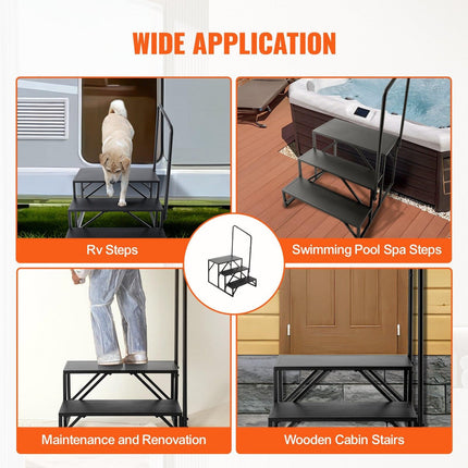 RV Steps, 3-Step RV Stairs, 199.58KGS Load Capacity, Thickened Carbon Steel, With Handrail, Non-Slip Steps for Safe Entry and Exit, Suit for RV, Trailer, Camper Steps.