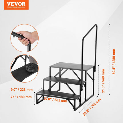 RV Steps, 3-Step RV Stairs, 199.58KGS Load Capacity, Thickened Carbon Steel, With Handrail, Non-Slip Steps for Safe Entry and Exit, Suit for RV, Trailer, Camper Steps.